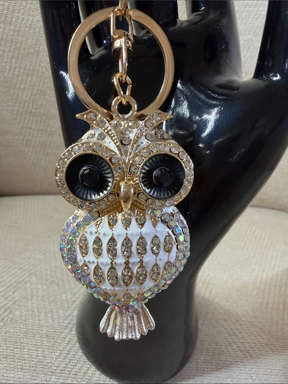 Gold-Tone Owl Keychain Bag Charm in White and Gold